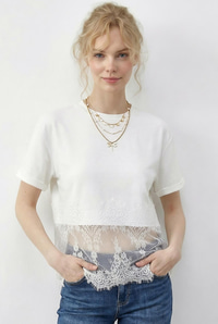 Kadın Bisiklet Yaka Dantel Detaylı Rahat Kalıp T-Shirt 1074 60286064 - Beyaz T-SHİRT modelleri