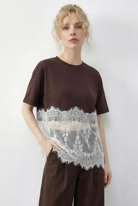 Kadın Bisiklet Yaka Dantel Detaylı Rahat Kalıp T-Shirt 1074 60286064 - Kahverengi-Beyaz T-SHİRT modelleri