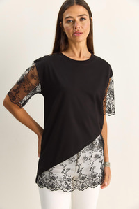 Kadın Bisiklet Yaka Dantel Garnili Asimetrik Kesim Relaxed Fit T-Shirt 2225 60286125 - Siyah T-SHİRT modelleri