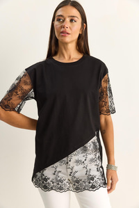 Kadın Bisiklet Yaka Dantel Garnili Asimetrik Kesim Relaxed Fit T-Shirt 2225 60286125 - Siyah T-SHİRT modelleri