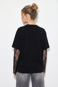 Kadın Bisiklet Yaka Dantel Kollu Oversize Pamuklu T-Shirt 1049 60286075 - Siyah T-SHİRT modelleri
