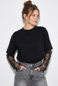 Kadın Bisiklet Yaka Dantel Kollu Oversize Pamuklu T-Shirt 1049 60286075 - Siyah T-SHİRT modelleri