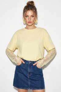 Kadın Bisiklet Yaka Dantel Kollu Oversize Pamuklu T-Shirt 1049 60286075 - Sarı T-SHİRT modelleri
