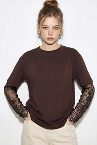 Kadın Bisiklet Yaka Dantel Kollu Oversize Pamuklu T-Shirt 1049 60286075 - Acı Kahve T-SHİRT modelleri