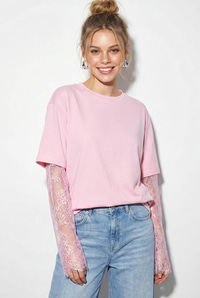 Kadın Bisiklet Yaka Dantel Kollu Oversize Pamuklu T-Shirt 1049 60286075 - Pembe T-SHİRT modelleri