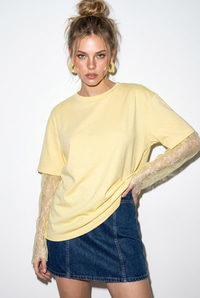 Kadın Bisiklet Yaka Dantel Kollu Oversize Pamuklu T-Shirt 1049 60286075 - Sarı T-SHİRT modelleri