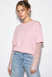 Kadın Bisiklet Yaka Dantel Kollu Oversize Pamuklu T-Shirt 1049 60286075 - Pembe T-SHİRT modelleri