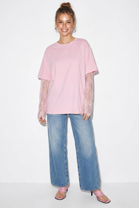 Kadın Bisiklet Yaka Dantel Kollu Oversize Pamuklu T-Shirt 1049 60286075 - Pembe T-SHİRT modelleri