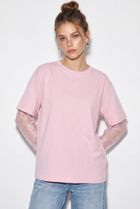 Kadın Bisiklet Yaka Dantel Kollu Oversize Pamuklu T-Shirt 1049 60286075 - Pembe T-SHİRT modelleri