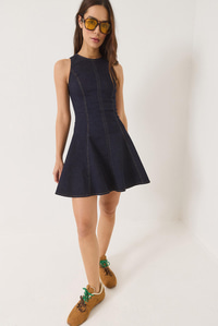 Kadın Bisiklet Yaka Fermuarlı Dikiş Detaylı Volanlı Likralı Yazlık Mini Denim Elbise 8037 60283164 - Lacivert
