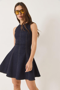 Kadın Bisiklet Yaka Fermuarlı Dikiş Detaylı Volanlı Likralı Yazlık Mini Denim Elbise 8037 60283164 - Lacivert