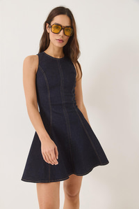 Kadın Bisiklet Yaka Fermuarlı Dikiş Detaylı Volanlı Likralı Yazlık Mini Denim Elbise 8037 60283164 - Lacivert