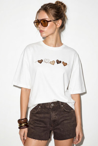 Kadın Bisiklet Yaka Kalp Baskılı Oversize Pamuklu T-Shirt ÖT100012 60286271 - Beyaz T-SHİRT modelleri