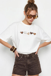 Kadın Bisiklet Yaka Kalp Baskılı Oversize Pamuklu T-Shirt ÖT100012 60286271 - Beyaz T-SHİRT modelleri