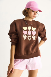 Kadın Bisiklet Yaka Kalp Nakışlı Şardonlu Üç İplik Sweatshirt 6875 60283520 - Kahverengi SWEATSHİRT modelleri