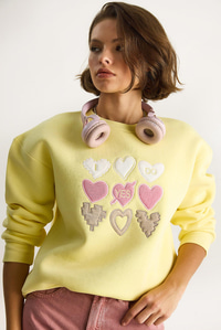 Kadın Bisiklet Yaka Kalp Nakışlı Şardonlu Üç İplik Sweatshirt 6875 60283520 - Limon Sarısı SWEATSHİRT modelleri