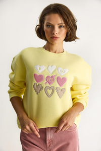 Kadın Bisiklet Yaka Kalp Nakışlı Şardonlu Üç İplik Sweatshirt 6875 60283520 - Limon Sarısı SWEATSHİRT modelleri