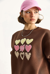 Kadın Bisiklet Yaka Kalp Nakışlı Şardonlu Üç İplik Sweatshirt 6875 60283520 - Kahverengi SWEATSHİRT modelleri