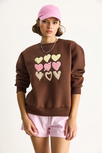 Kadın Bisiklet Yaka Kalp Nakışlı Şardonlu Üç İplik Sweatshirt 6875 60283520 - Kahverengi SWEATSHİRT modelleri