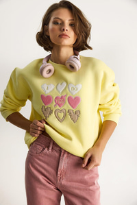 Kadın Bisiklet Yaka Kalp Nakışlı Şardonlu Üç İplik Sweatshirt 6875 60283520 - Limon Sarısı SWEATSHİRT modelleri