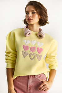 Kadın Bisiklet Yaka Kalp Nakışlı Şardonlu Üç İplik Sweatshirt 6875 60283520 - Limon Sarısı SWEATSHİRT modelleri