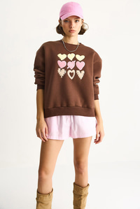 Kadın Bisiklet Yaka Kalp Nakışlı Şardonlu Üç İplik Sweatshirt 6875 60283520 - Kahverengi SWEATSHİRT modelleri