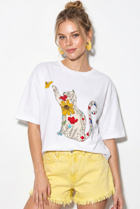 Kadın Bisiklet Yaka Kedi Baskılı Oversize %100 Pamuk T-Shirt ÖT100006 60286274 - Beyaz T-SHİRT modelleri