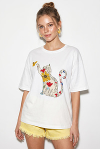 Kadın Bisiklet Yaka Kedi Baskılı Oversize %100 Pamuk T-Shirt ÖT100006 60286274 - Beyaz T-SHİRT modelleri