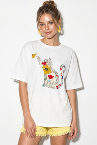 Kadın Bisiklet Yaka Kedi Baskılı Oversize %100 Pamuk T-Shirt ÖT100006 60286274 - Beyaz T-SHİRT modelleri
