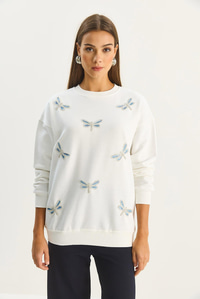 Kadın Bisiklet Yaka Kelebek Taş İşlemeli Relaxed Sweatshirt 1558 60283660 - Beyaz SWEATSHİRT modelleri