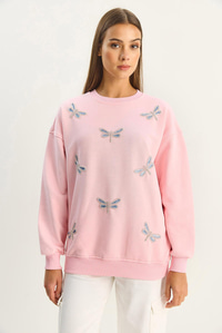 Kadın Bisiklet Yaka Kelebek Taş İşlemeli Relaxed Sweatshirt 1558 60283660 - Şeker Pembe SWEATSHİRT modelleri