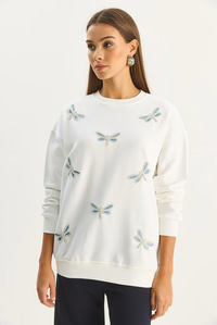 Kadın Bisiklet Yaka Kelebek Taş İşlemeli Relaxed Sweatshirt 1558 60283660 - Beyaz SWEATSHİRT modelleri