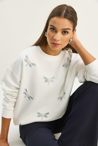 Kadın Bisiklet Yaka Kelebek Taş İşlemeli Relaxed Sweatshirt 1558 60283660 - Beyaz SWEATSHİRT modelleri