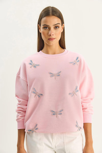 Kadın Bisiklet Yaka Kelebek Taş İşlemeli Relaxed Sweatshirt 1558 60283660 - Şeker Pembe SWEATSHİRT modelleri
