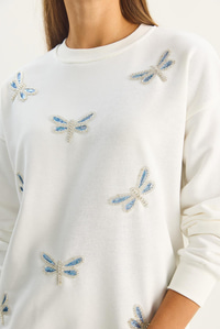 Kadın Bisiklet Yaka Kelebek Taş İşlemeli Relaxed Sweatshirt 1558 60283660 - Beyaz SWEATSHİRT modelleri
