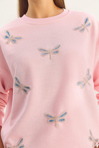 Kadın Bisiklet Yaka Kelebek Taş İşlemeli Relaxed Sweatshirt 1558 60283660 - Şeker Pembe SWEATSHİRT modelleri