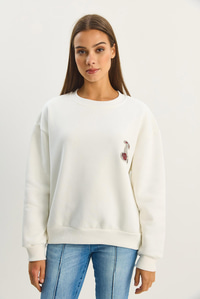 Kadın Bisiklet Yaka Kiraz Taş İşlemeli Üç İplik Şardonlu Sweatshirt 60601047 - Beyaz SWEATSHİRT modelleri