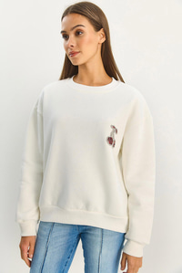 Kadın Bisiklet Yaka Kiraz Taş İşlemeli Üç İplik Şardonlu Sweatshirt 60601047 - Beyaz SWEATSHİRT modelleri