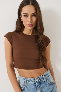 Kadın Bisiklet Yaka Kısa Kollu Basic Kaşkorse Crop Top T-Shirt 60602044 - Acı Kahve