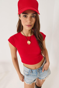 Kadın Bisiklet Yaka Kısa Kollu Basic Kaşkorse Crop Top T-Shirt 60602044 - Kırmızı