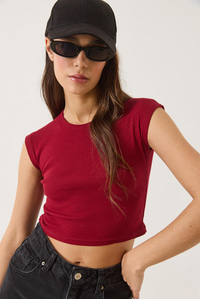 Kadın Bisiklet Yaka Kısa Kollu Basic Kaşkorse Crop Top T-Shirt 60602044 - Bordo