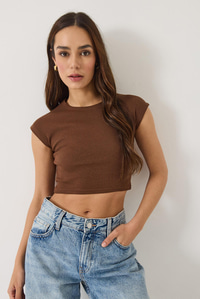 Kadın Bisiklet Yaka Kısa Kollu Basic Kaşkorse Crop Top T-Shirt 60602044 - Acı Kahve