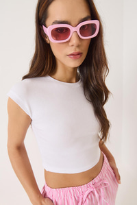 Kadın Bisiklet Yaka Kısa Kollu Basic Kaşkorse Crop Top T-Shirt 60602044 - Beyaz