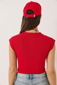 Kadın Bisiklet Yaka Kısa Kollu Basic Kaşkorse Crop Top T-Shirt 60602044 - Kırmızı