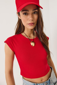 Kadın Bisiklet Yaka Kısa Kollu Basic Kaşkorse Crop Top T-Shirt 60602044 - Kırmızı