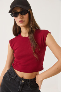 Kadın Bisiklet Yaka Kısa Kollu Basic Kaşkorse Crop Top T-Shirt 60602044 - Bordo