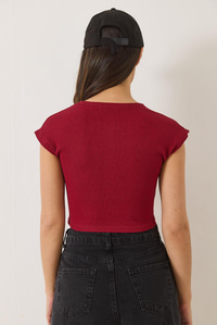 Kadın Bisiklet Yaka Kısa Kollu Basic Kaşkorse Crop Top T-Shirt 60602044 - Bordo