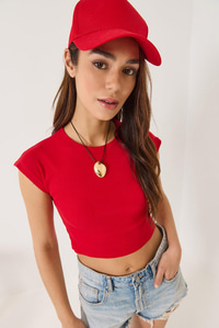 Kadın Bisiklet Yaka Kısa Kollu Basic Kaşkorse Crop Top T-Shirt 60602044 - Kırmızı