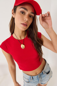 Kadın Bisiklet Yaka Kısa Kollu Basic Kaşkorse Crop Top T-Shirt 60602044 - Kırmızı