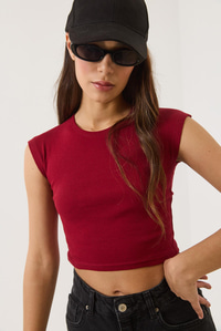 Kadın Bisiklet Yaka Kısa Kollu Basic Kaşkorse Crop Top T-Shirt 60602044 - Bordo